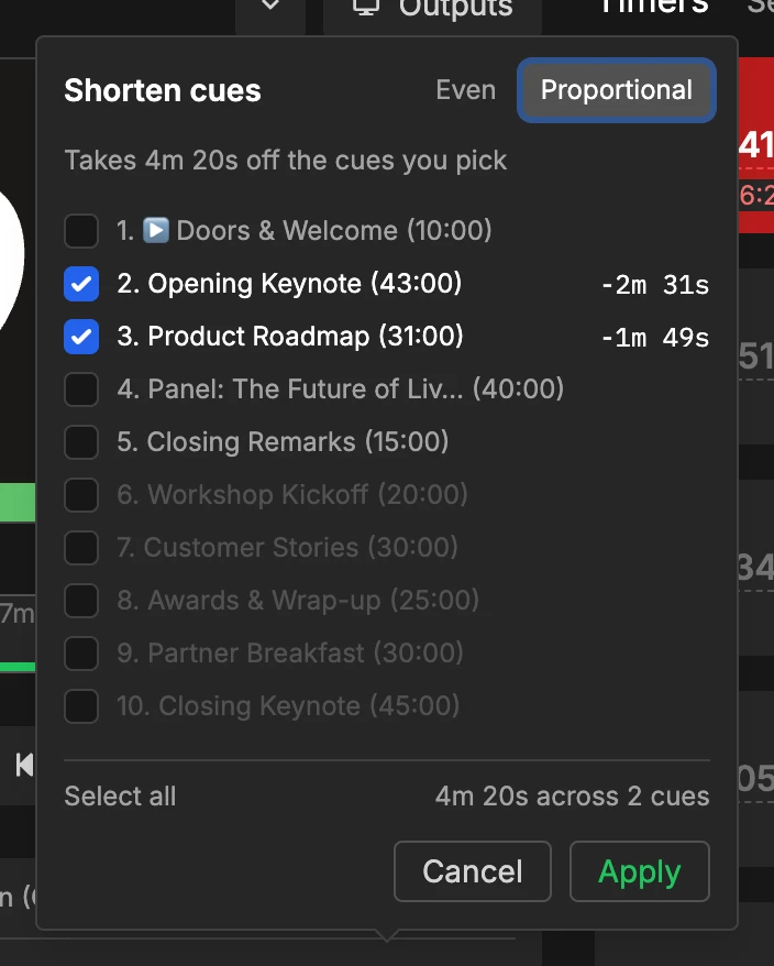 Shorten cues list with two cues ticked and Proportional selected