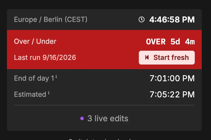 Timing readout with a red Over / Under row reading Last run 9/16/2026 and a Start fresh button