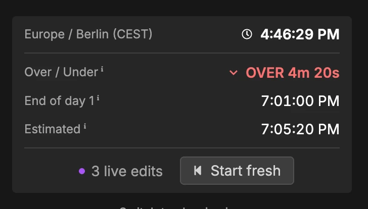 Timing readout showing OVER 4m 20s with estimated and actual end of show