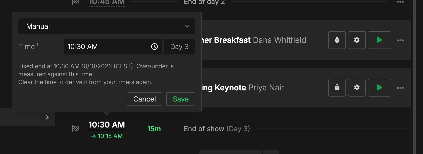 End of show row with its popup open, showing the trigger select and the time field