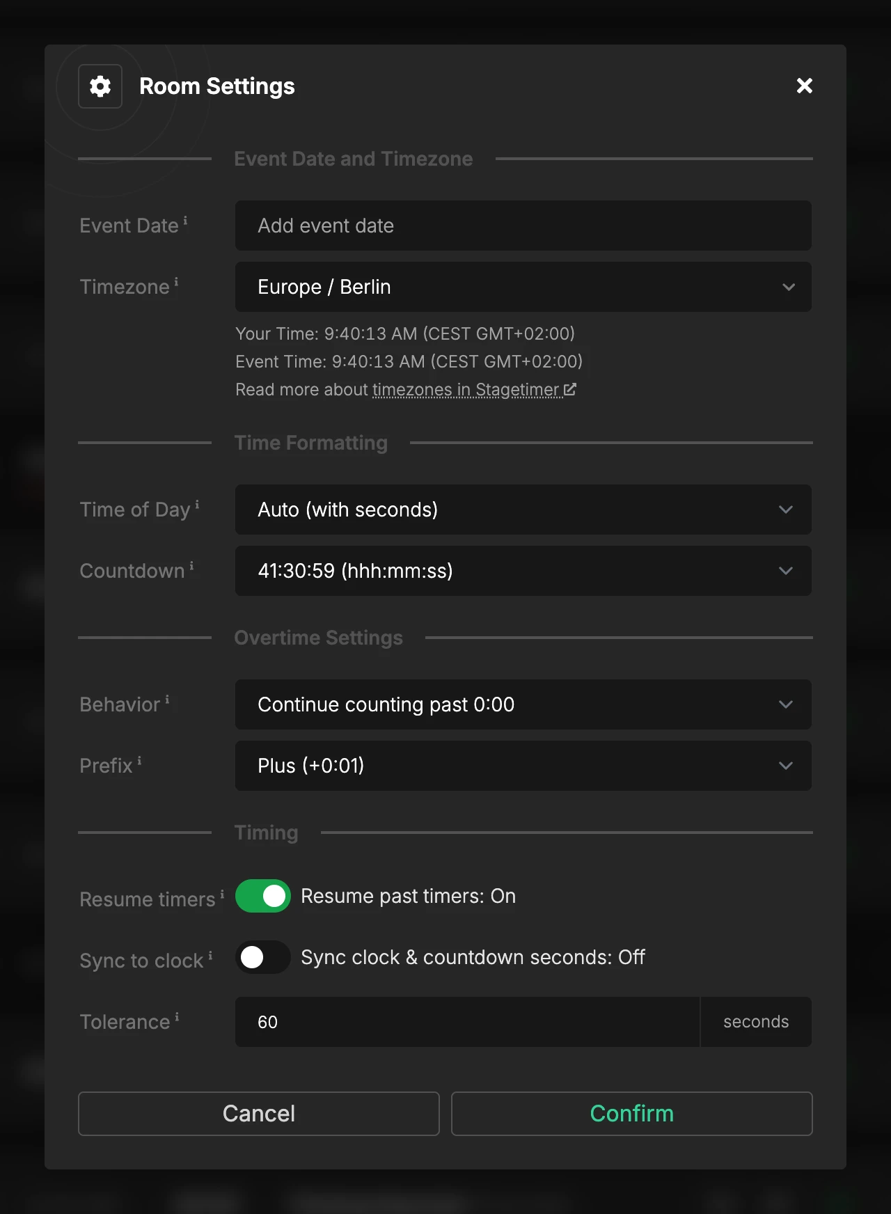 Room Settings dialog with event date, timezone, time formatting, overtime and timing options