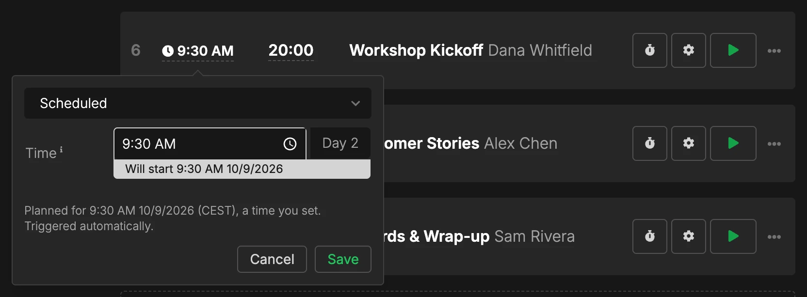 A scheduled timer with its start popup open. The status line under the time field reads Will start 9:30 AM 10/9/2026