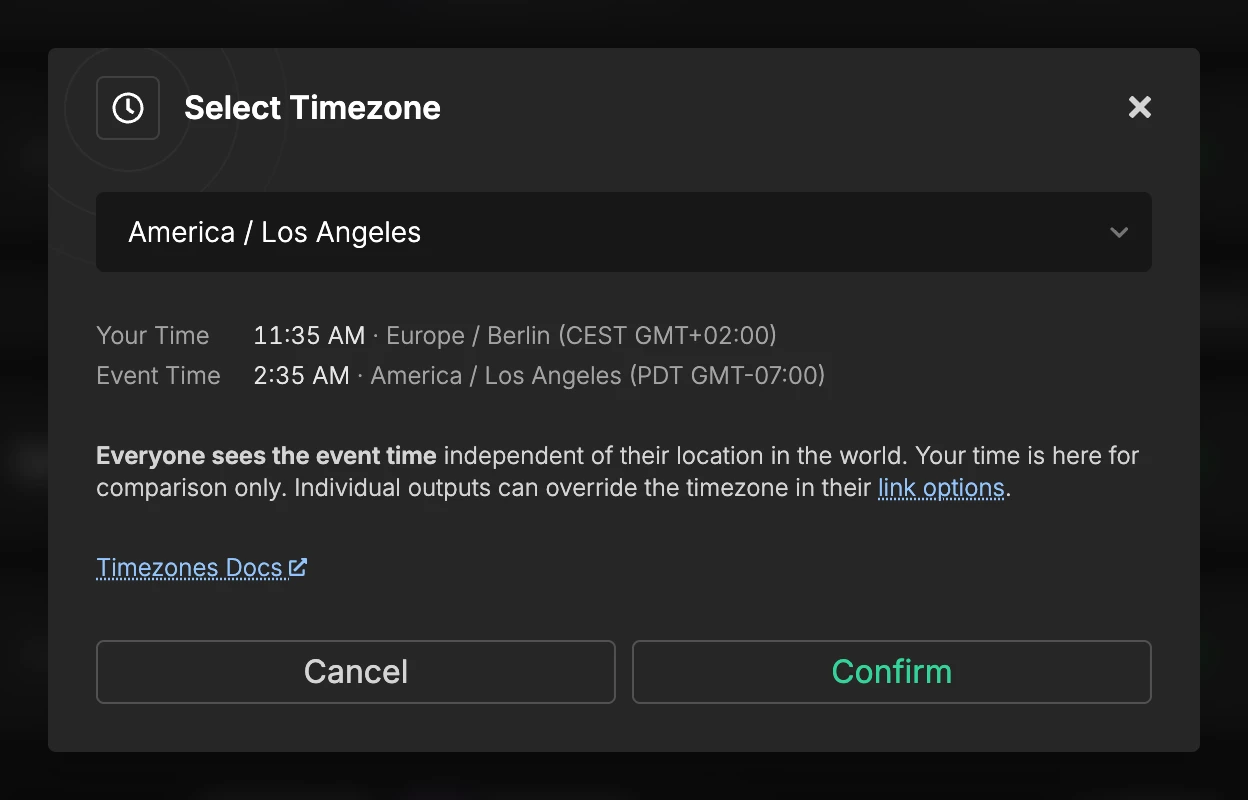 Select Timezone dialog with America / Los Angeles chosen. Your Time shows 11:35 AM Europe / Berlin, Event Time shows 2:35 AM America / Los Angeles
