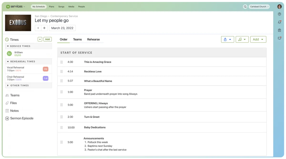 Planning Center Services showing a service plan with small inline timers next to each item