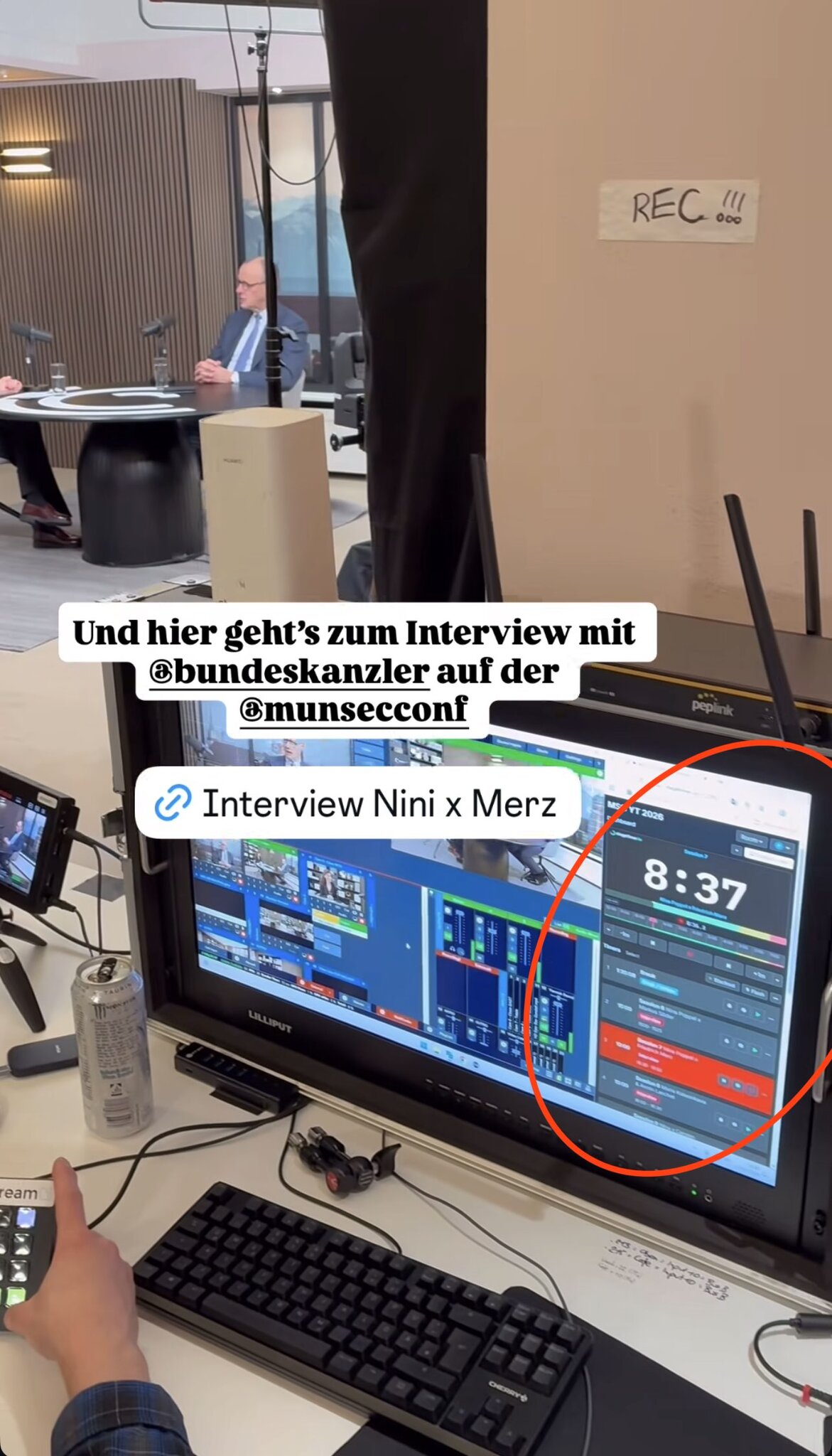 Production setup at the Munich Security Conference showing Stagetimer at 8:37 during an interview with the German Chancellor