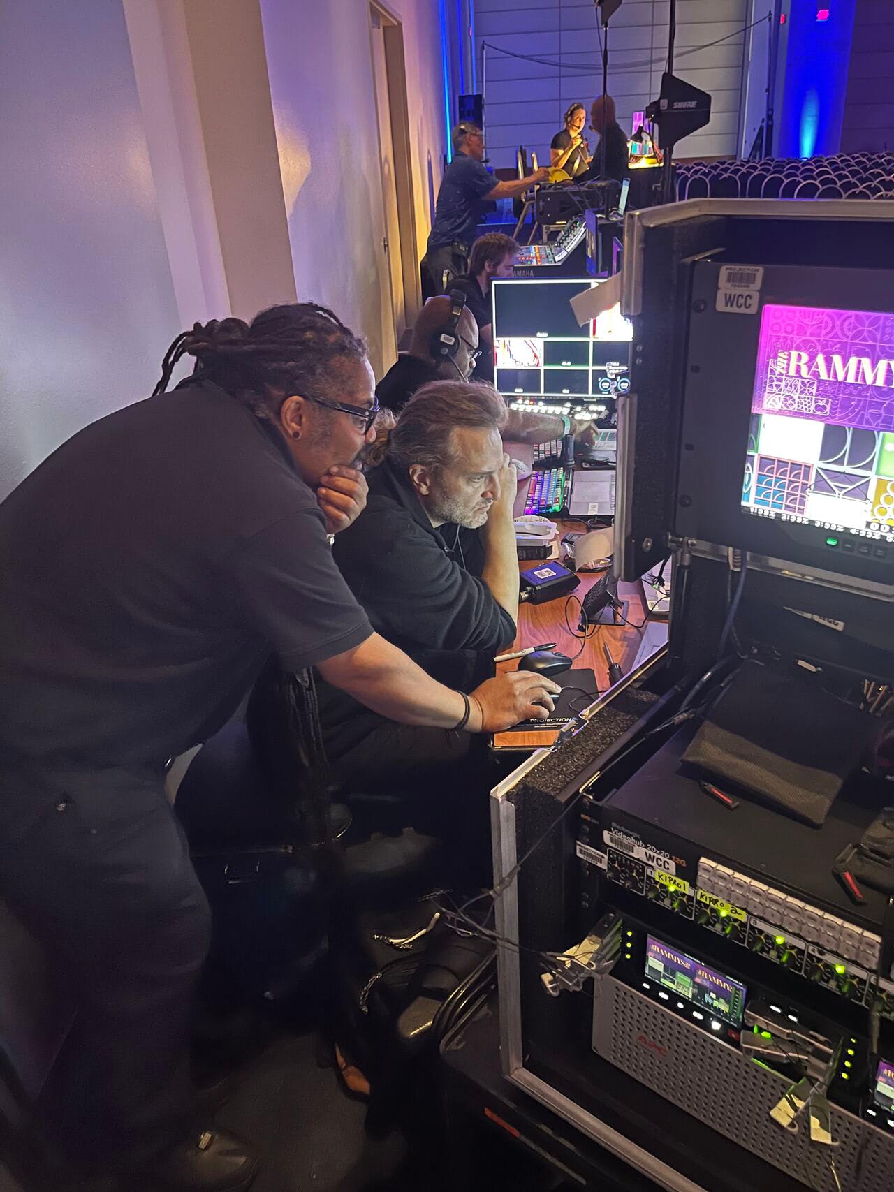George Kennedy working backstage at the Rammys 2025 with Stagetimer display visible